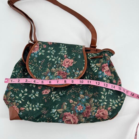 VINTAGE 90’s Avon tapestry shoulder bag green floral pattern brown trim boho y2k - Picture 2 of 8